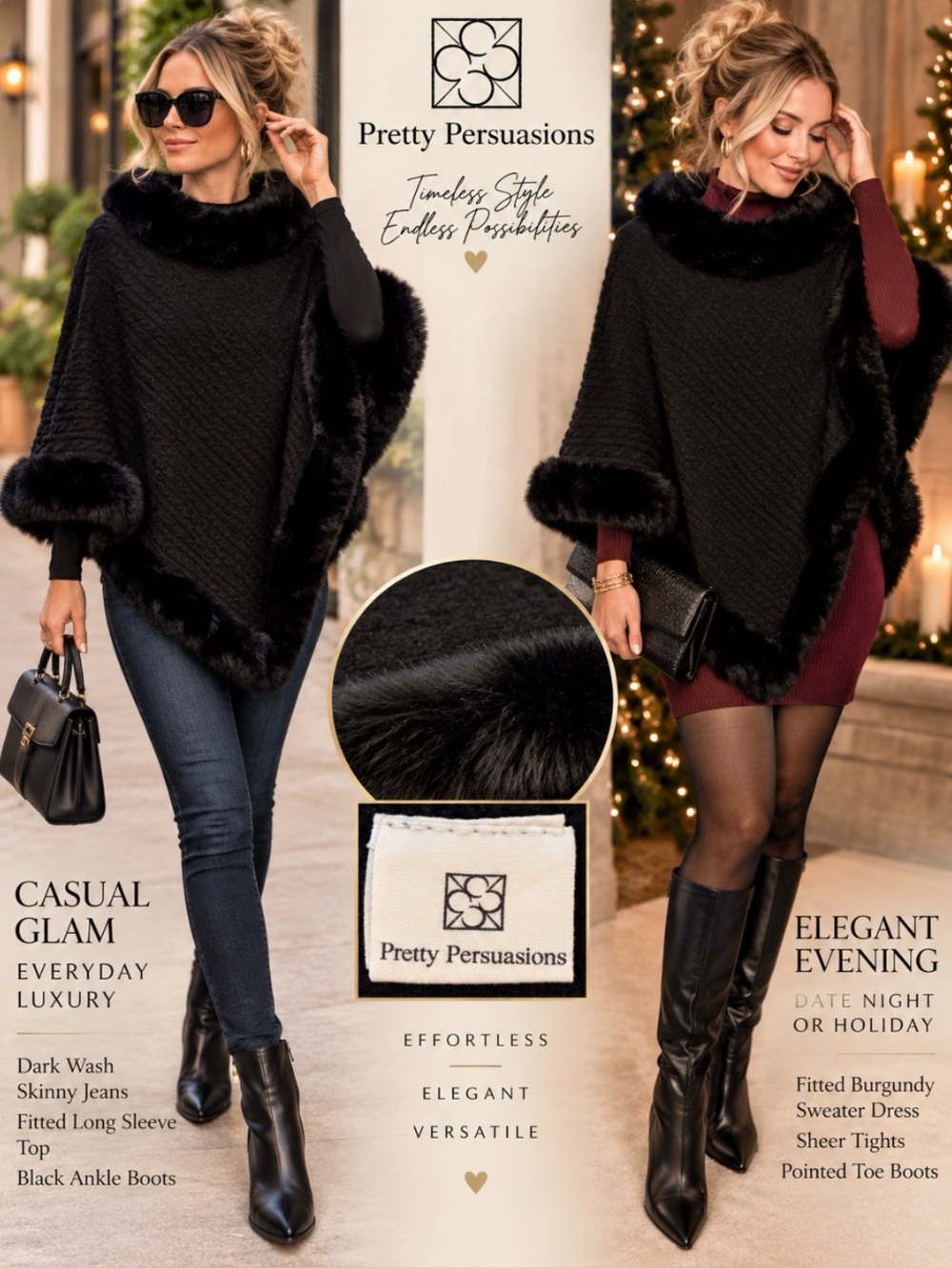 Pretty Persuasions Black Cable Knit Faux Fur Poncho One Size